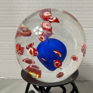 Vintage Art Glass Paperweight Blue Red and White Large Round Sphere Flat Bottom